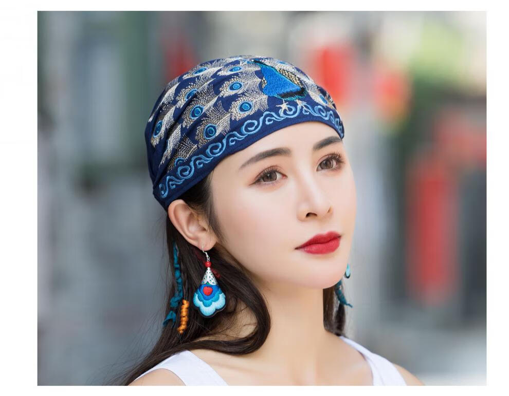 女式民族风刺绣头巾绣花薄款棉麻冒孑女帽孔雀开屏绣花冒孑系带帽包头