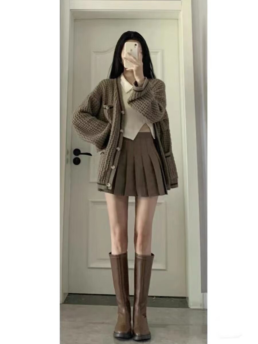 百褶裙两件套装靓女装单件开衫s建议8095斤秋季女装时尚搭配小个子显