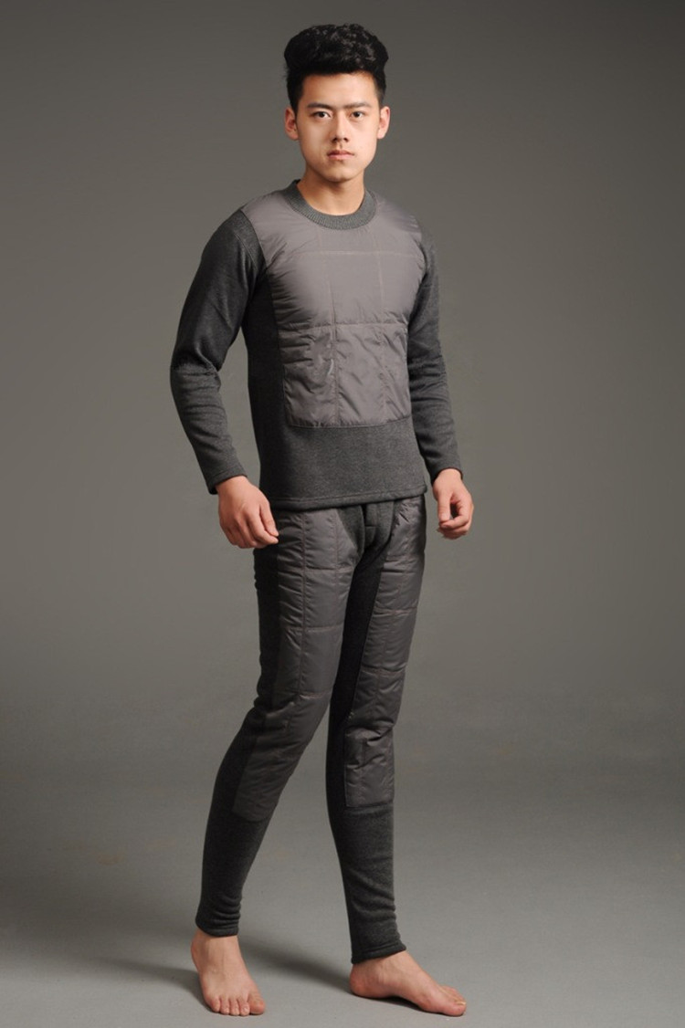 秋冬季新款男士修身贴片羽绒保暖内衣套装贴片加厚不臃肿潮流圆领黑