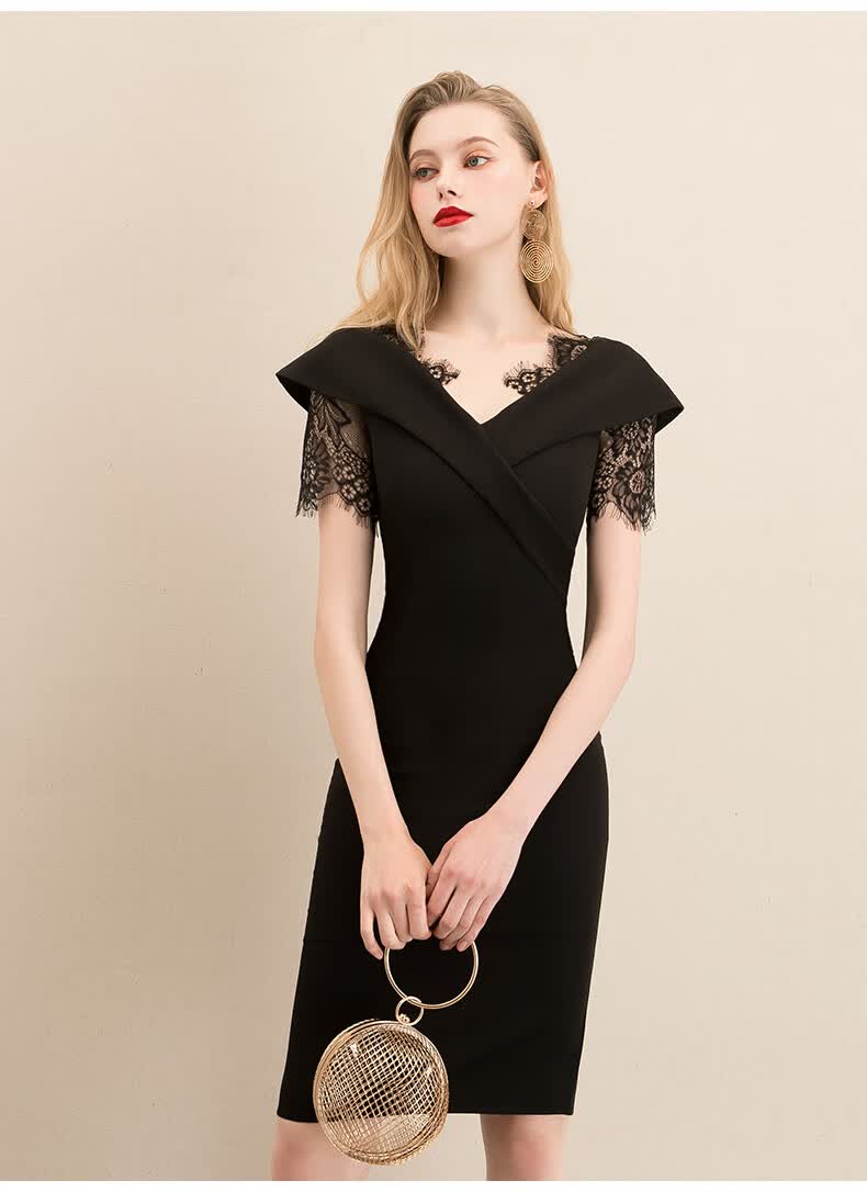 洋装小晚礼服裙新款黑色宴会气质平时可穿秋季中长款 黑色蕾丝品牌