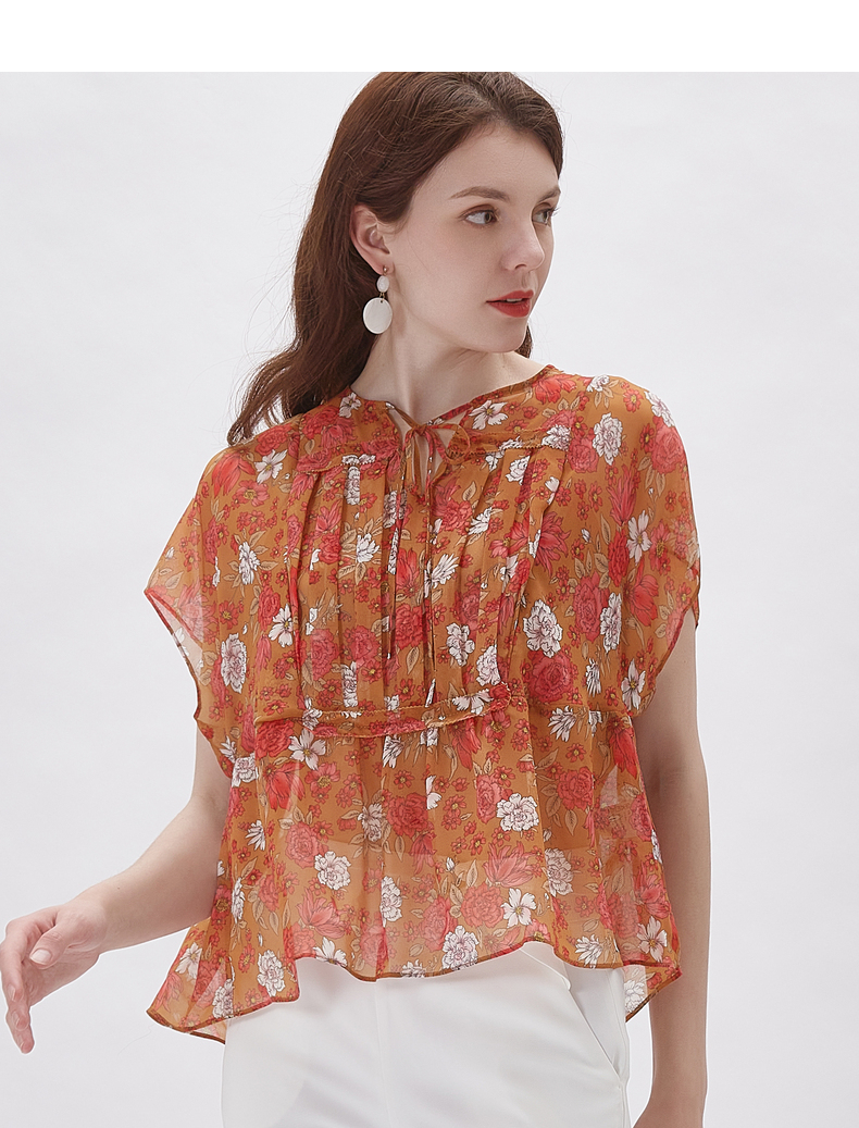 舒朗2020夏季新款通勤时尚收腰短款印花雪纺衫dsj2g01橘色11l