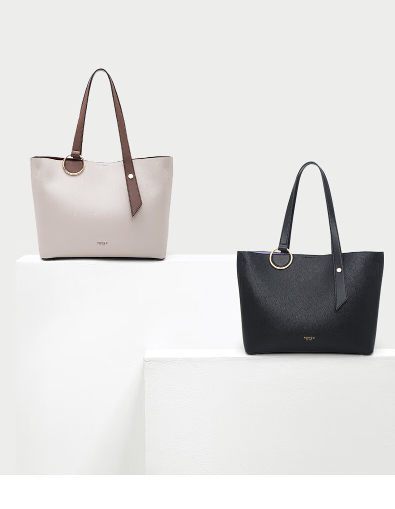 红谷手提女包2021新款精品潮牛皮通勤单肩包时尚大容量托特包漆黑