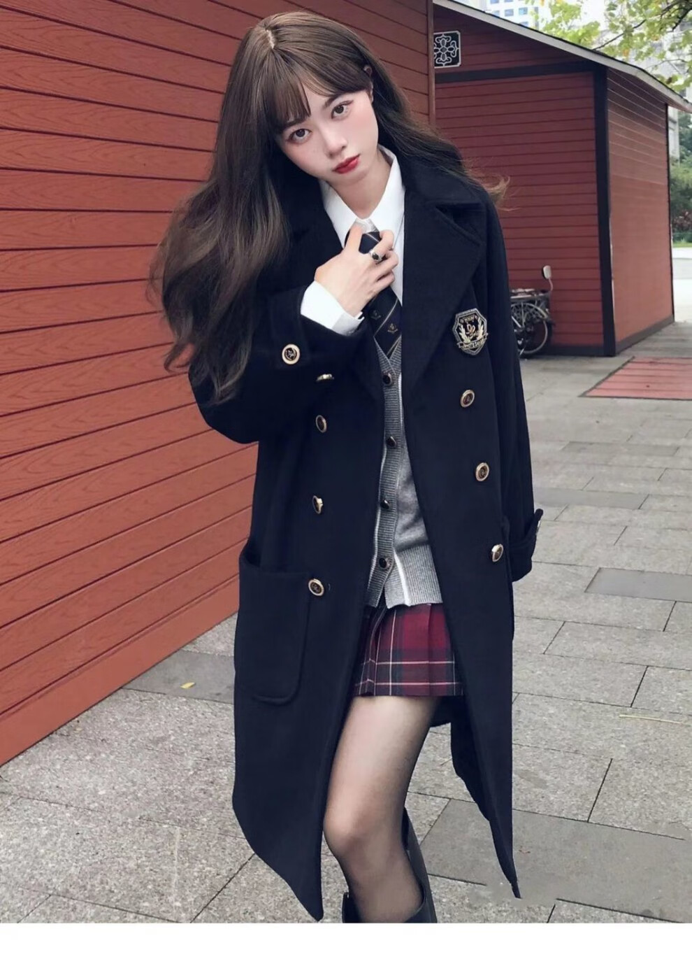 花铃原创太太日系jk制服中长款毛呢大衣外套女秋冬季小个子学院风 栗