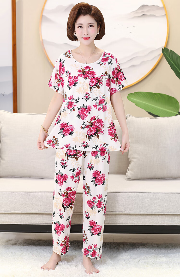 俞兆林睡衣女春夏中年妈妈纯棉绸中老年人短袖绵绸人造棉大码家居服