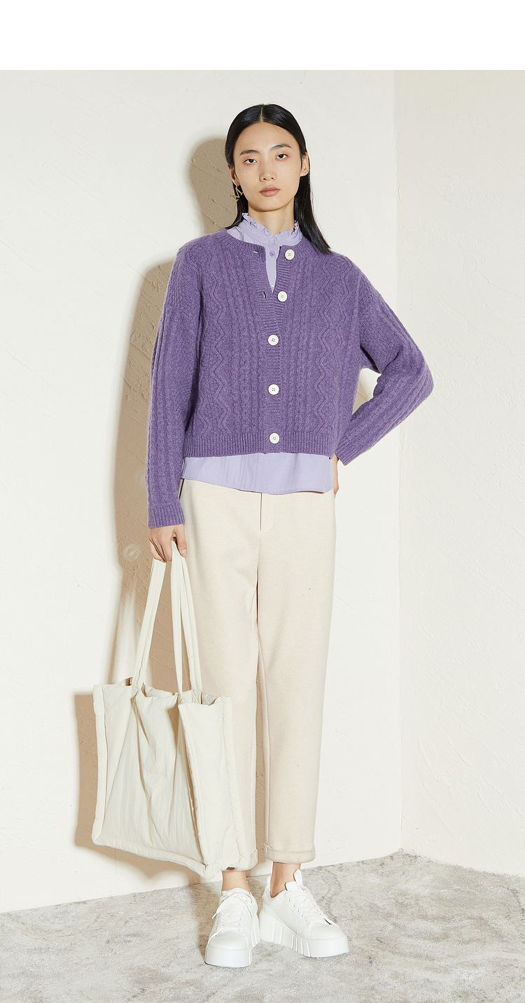 mm2021秋冬新款麦檬羊毛短款圆领绞花毛衣针织开衫外套5ca132681泰雅