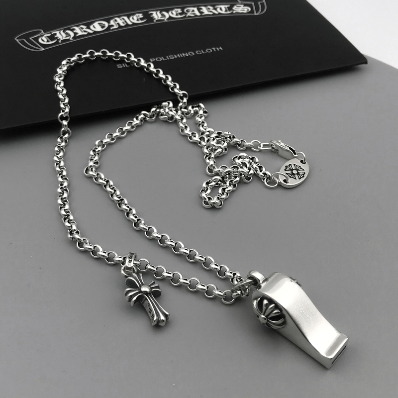 欧凯伦ch克罗心锆钻十字架925银项链男女个性口哨双吊坠欧美复古泰银