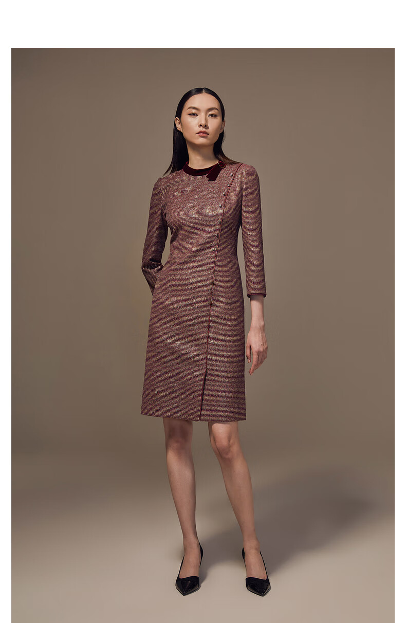 朗姿2020年秋冬新款专柜同步高端洋气连衣裙气质修身a字中款裙子 玫瑰