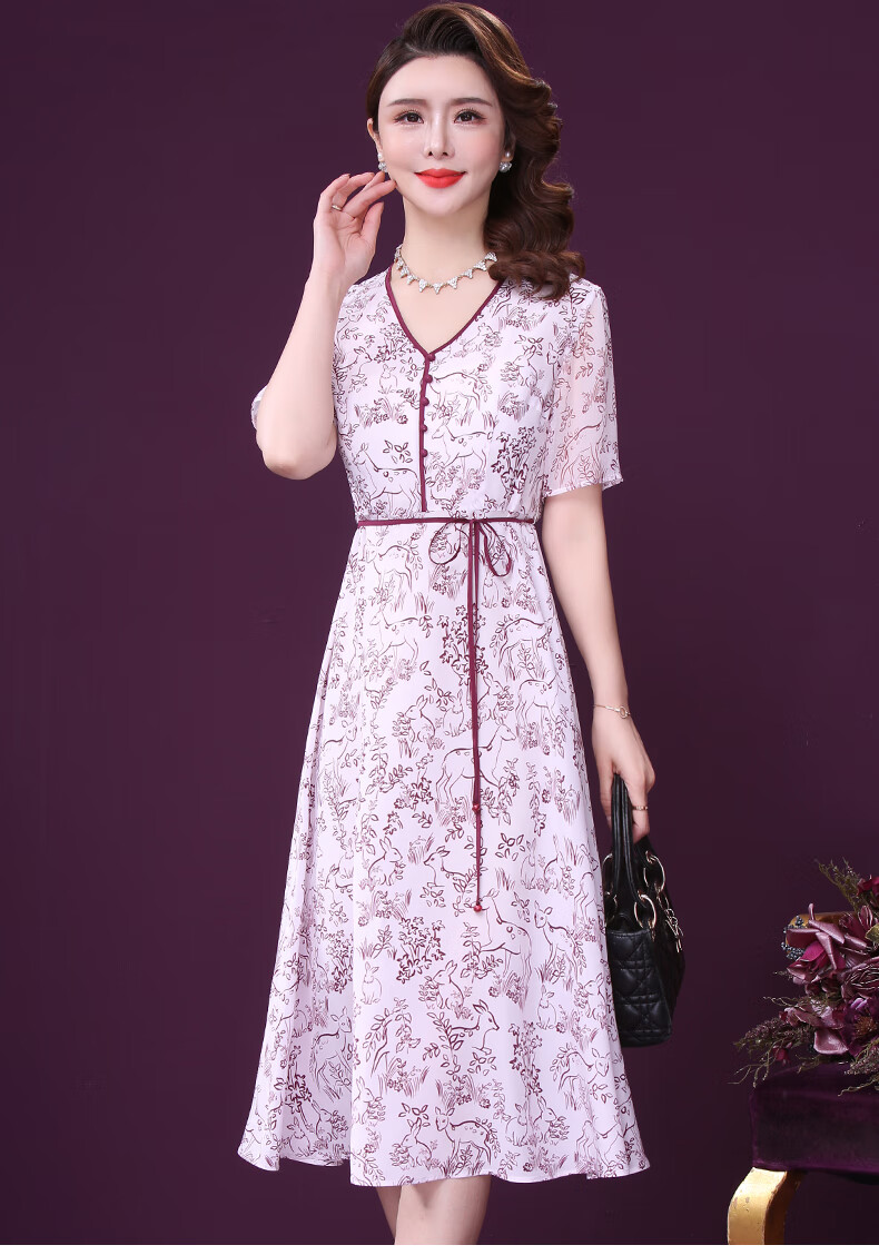 王小鸭时尚里外真丝连衣裙春装2021新款气质v领收腰桑蚕丝裙 花色 2xl