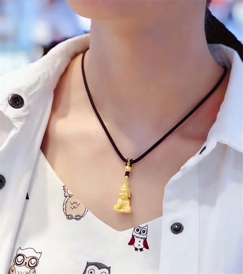 999足金佛黄金吊坠女金古法珠编织项绳佛头男3d硬金如来弥勒佛生日