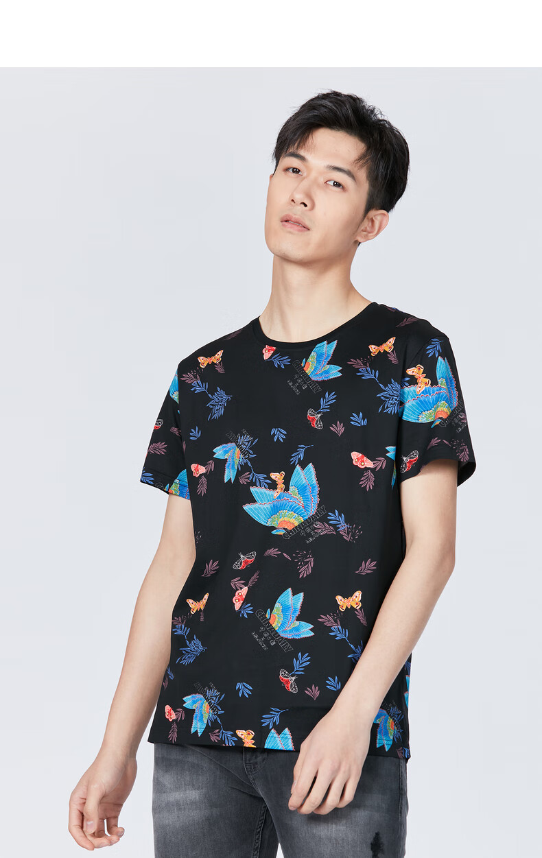 利郎短袖t恤男2021夏季新品圆领潮流印花合体棉混纺短袖体恤 白灰间色