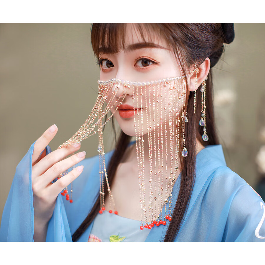 遮面帘面汉服古风纱流苏挂耳古装遮脸全套女发饰步摇超仙头饰金色面帘
