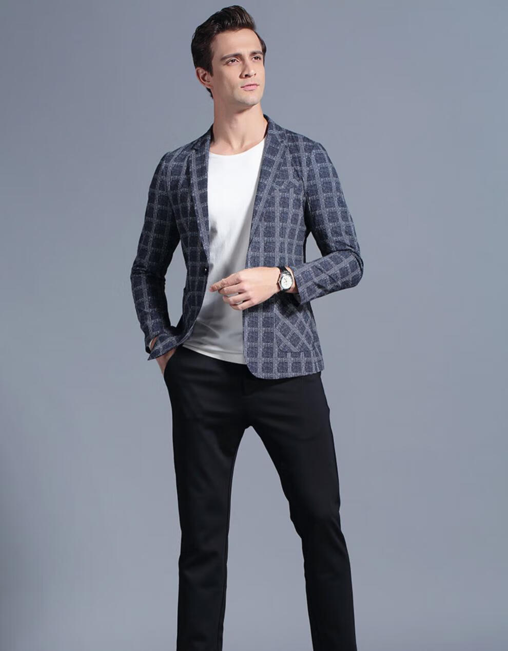 aupo轻奢品牌轻薄格子西装男潮流单粒扣单西修身休闲小西服男上衣单件