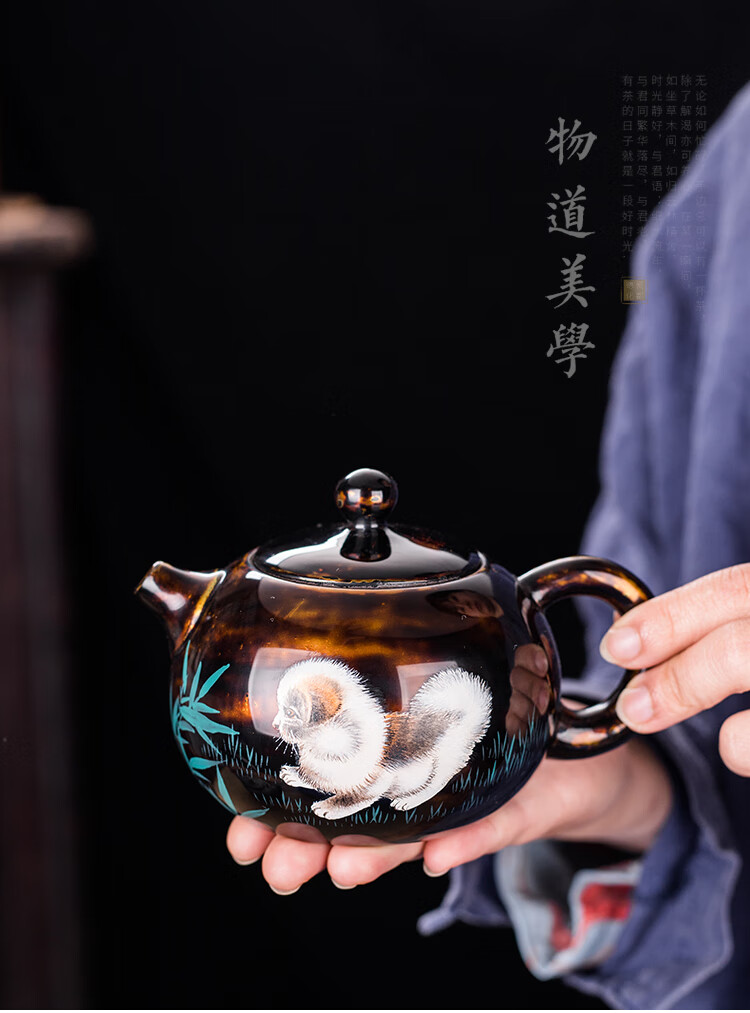 吾和漆器茶具名家手作连宏达手工犀皮建盏壶大漆中式家用泡茶壶黑色狗
