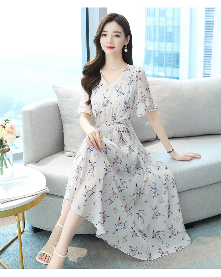 收腰显瘦女装气质雪纺碎花长裙女神范夏天裙子白底兰花l建议108120斤