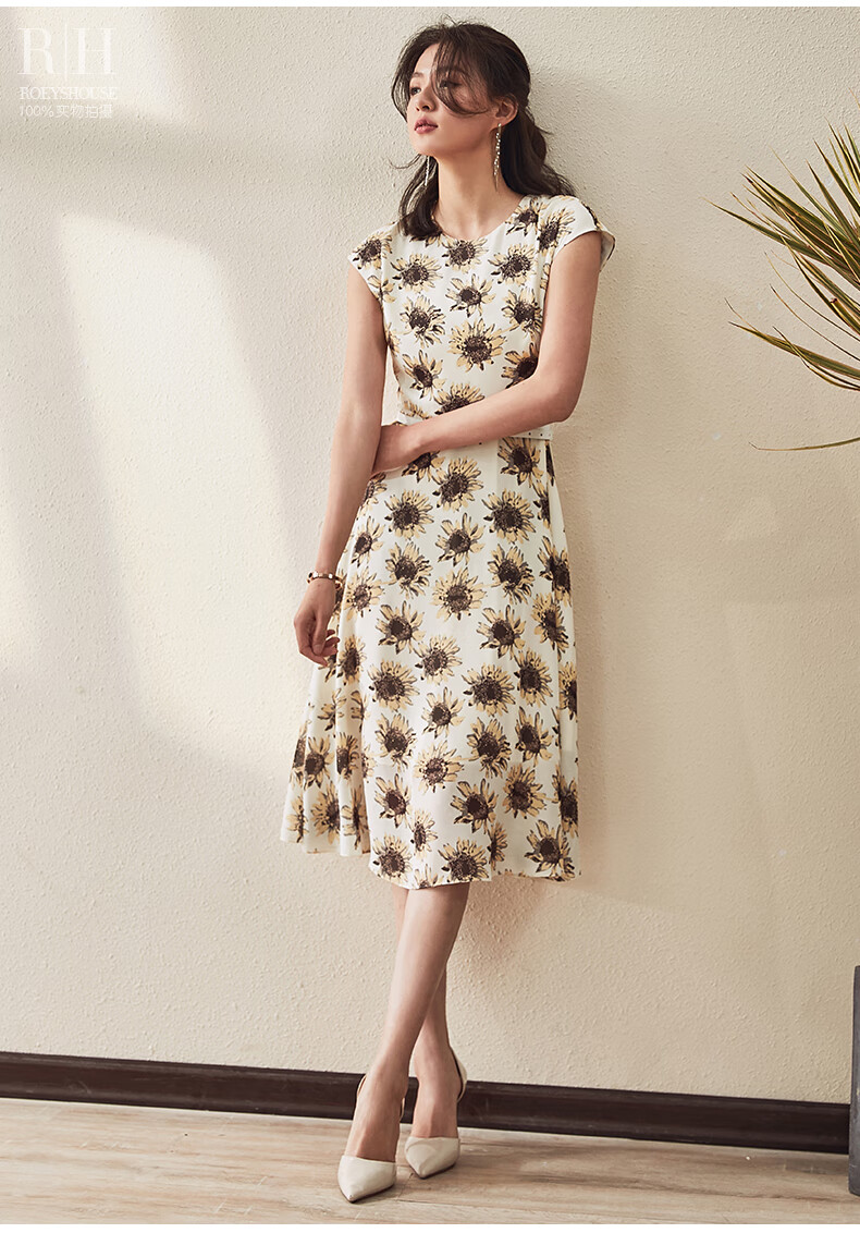 罗衣印花连衣裙女夏装新款气质花色修身优雅大摆中长裙子7170 花色