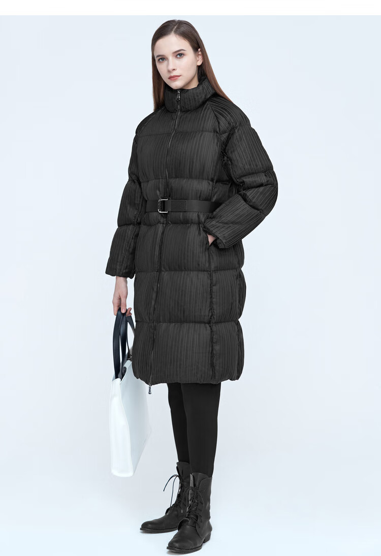 sdeer圣迪奥女装时尚立领肌理收腰长款羽绒服s20482485 黑色/91 m/165