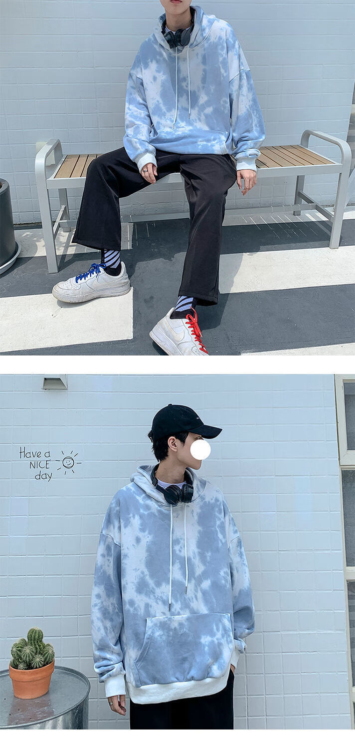 秋季加绒ins港风潮流扎染连帽卫衣百搭情侣宽松套头炸街外套男jc632加