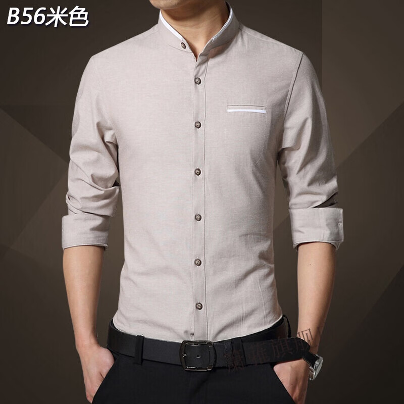 簘蕥男士圆领长袖衬衫男士商务衬衫小立领男春夏季韩版休闲衣服修身