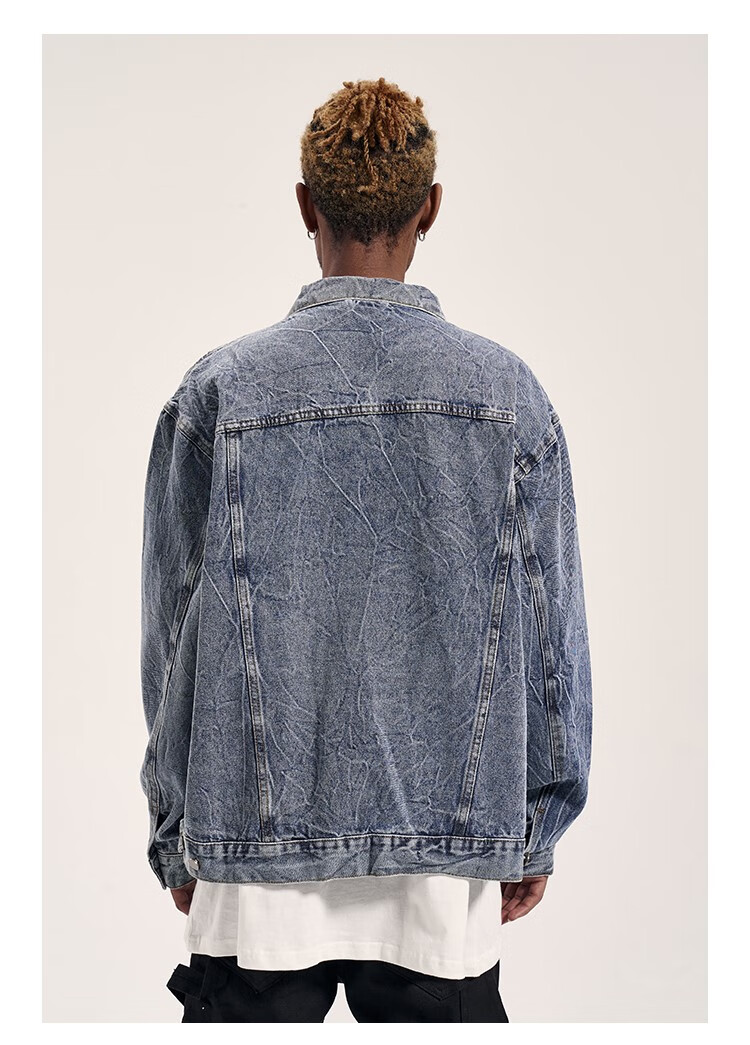 福神冬高街水波纹水洗做旧压纹休闲宽松牛仔夹克潮牛仔衣秋外套男