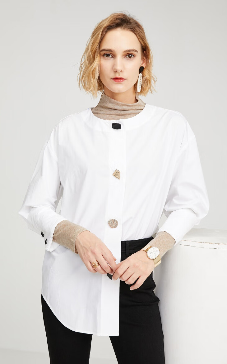 selected思莱德女士新品纯棉圆领多样纽扣潮流衬衫s420105515 白色 m