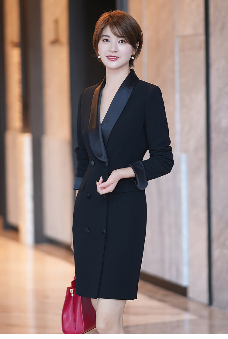 女装 蒋菲菲黑色连衣裙女长袖秋季新款高级感气质通勤修身ol职业西装