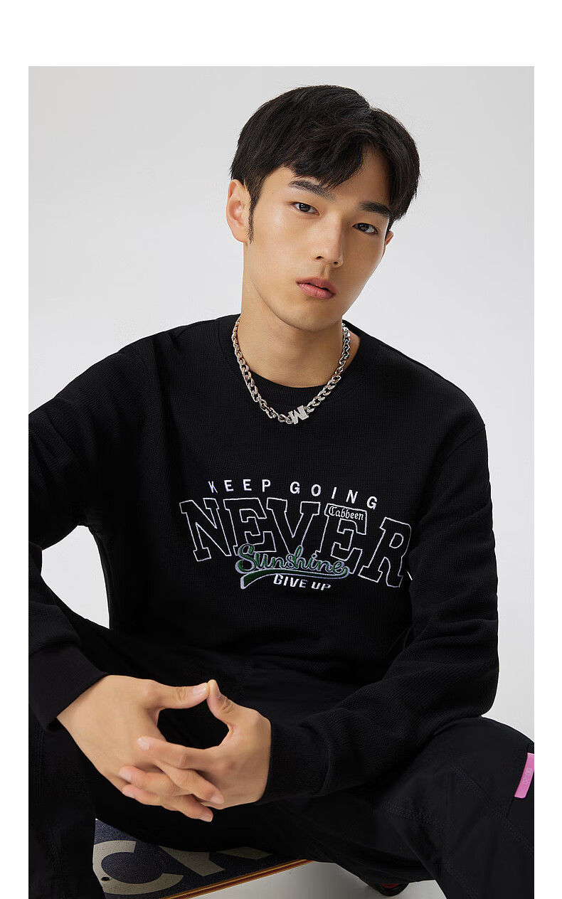 卡宾男装字母刺绣重磅卫衣2022秋美式复古华夫格上衣街头潮a煤黑色