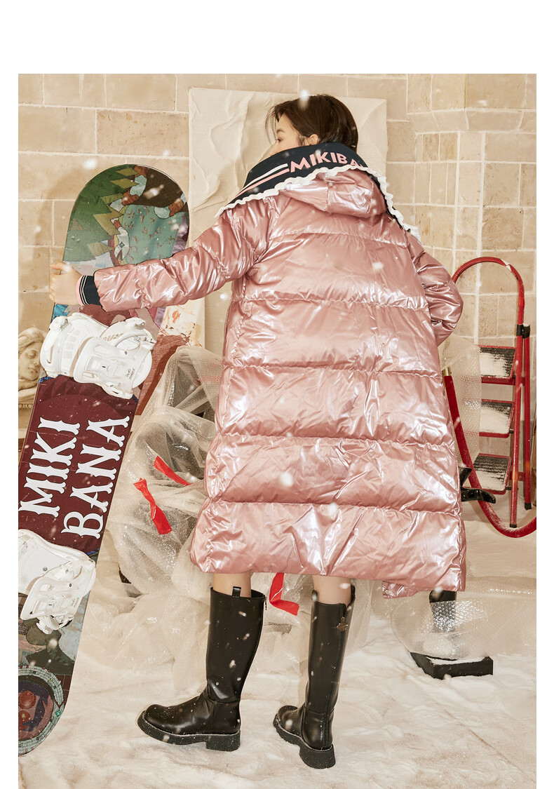 mikibana 米可芭娜亮面连帽羽绒服女中长款防钻绒液态金属感新款 d11 