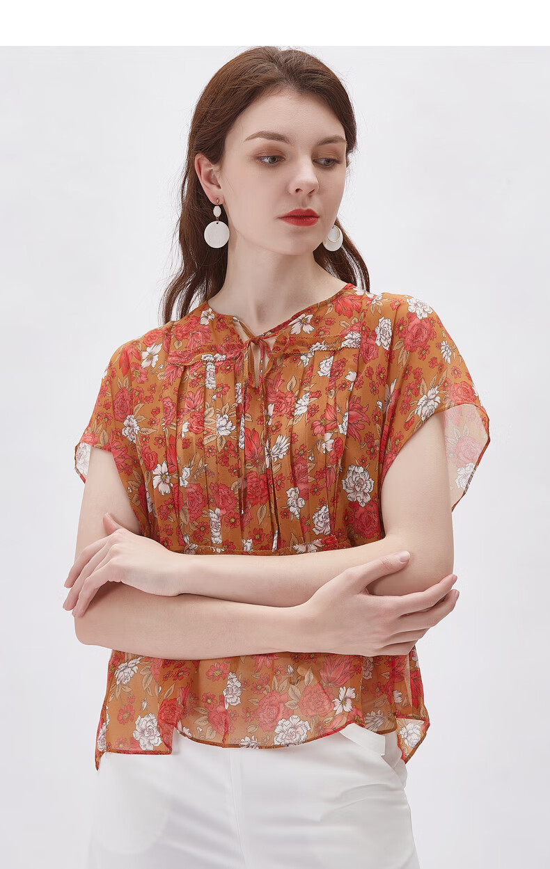 舒朗2020夏季新款通勤时尚收腰短款印花雪纺衫dsj2g01橘色11l