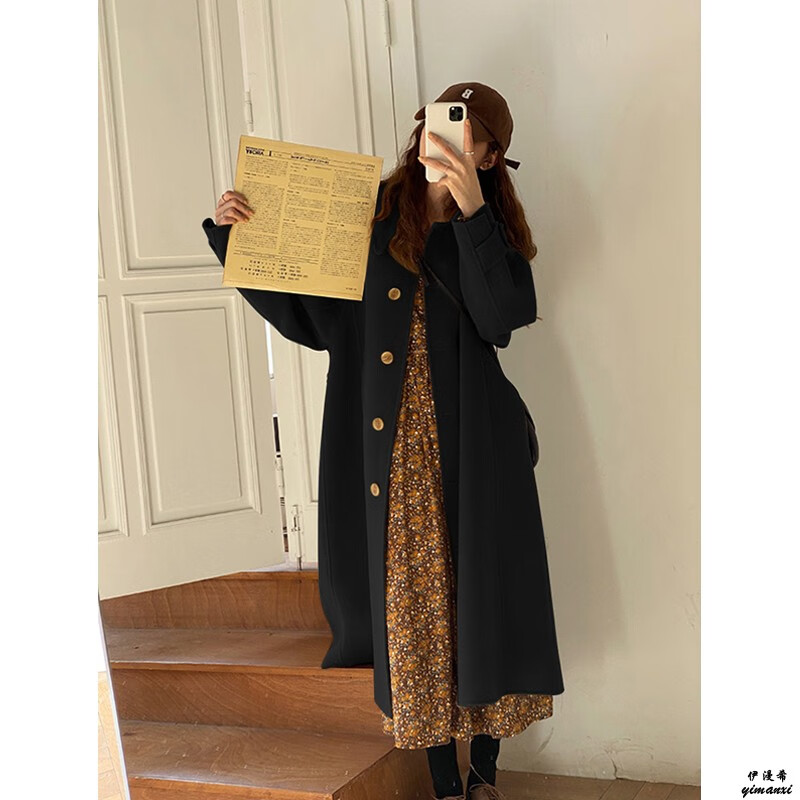 伊漫希秋冬季毛呢外套女赫本风气质小个子中长款女士雪季褂子毛妮子