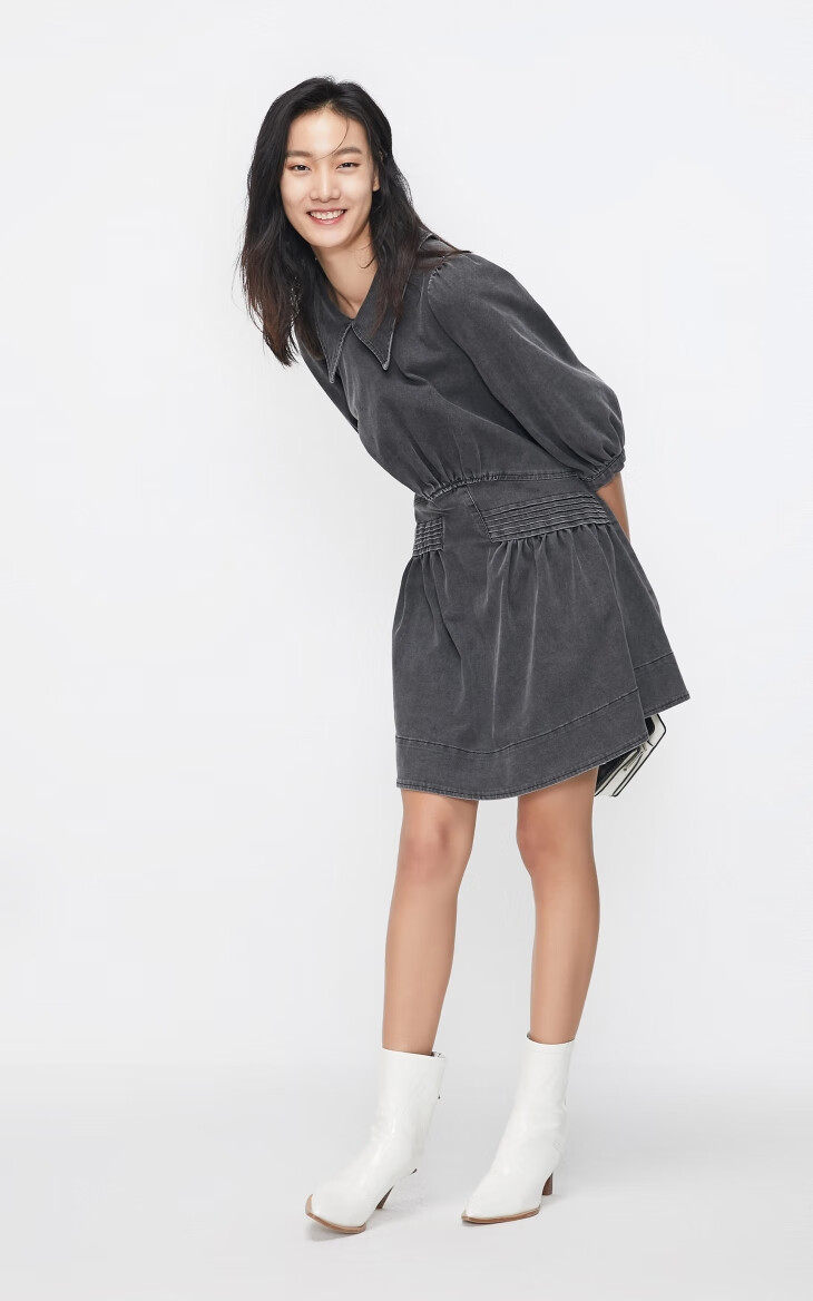 only2020夏季新款设计感a字短款牛仔连衣裙女120142524 e06烟灰色