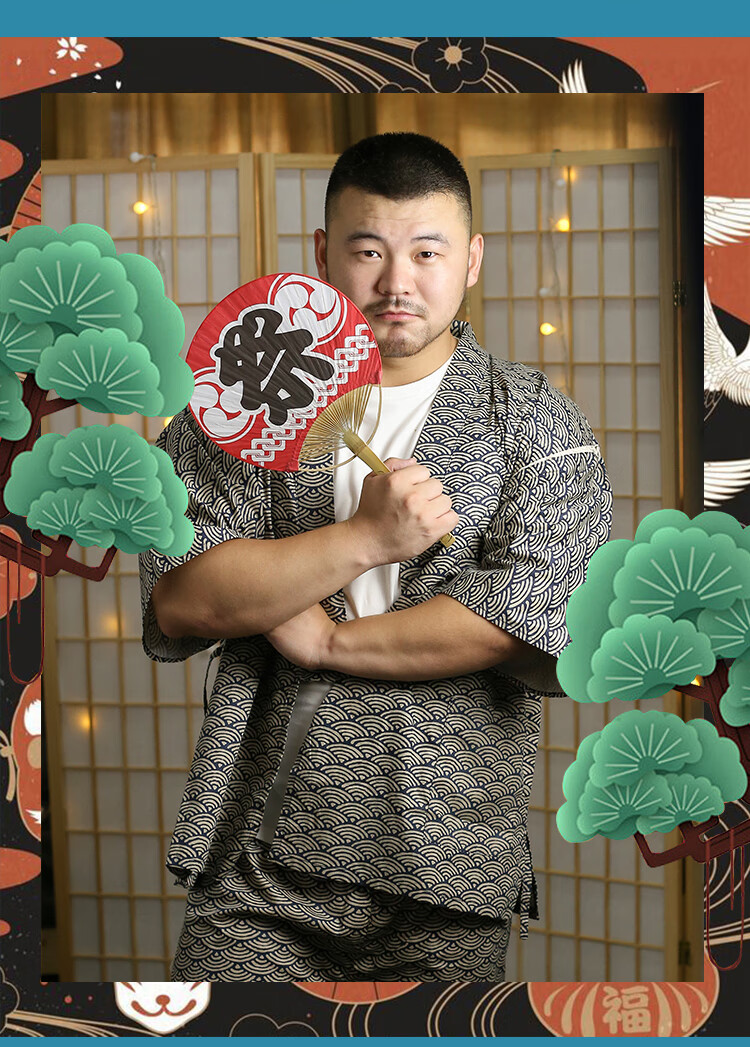 日本和服甚平男浴衣日系u熊壮熊胖熊和风家居服熊圈夏2021 (蓝)纯