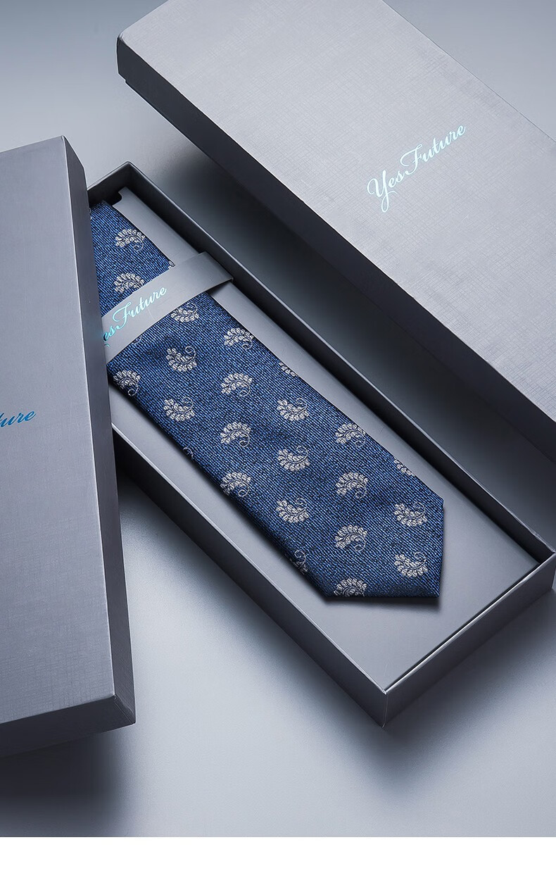 法国轻奢男士领带桑蚕丝波点商务休闲百搭经典7cm宽礼盒装深蓝花纹y