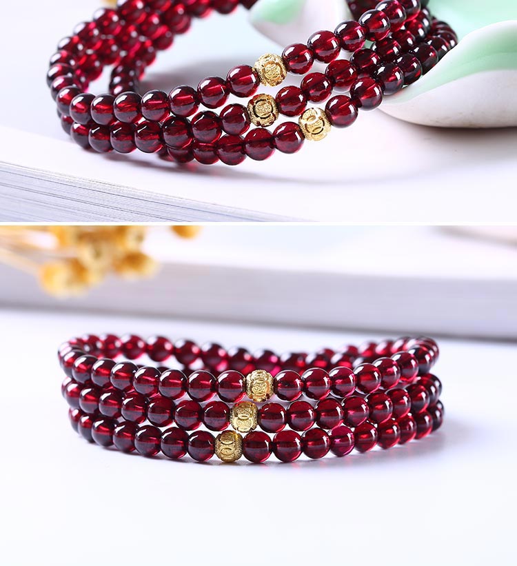 玉恋韵 酒红石榴石手链女 多圈四圈本命年水晶转运珠手串3圈4圈 8a
