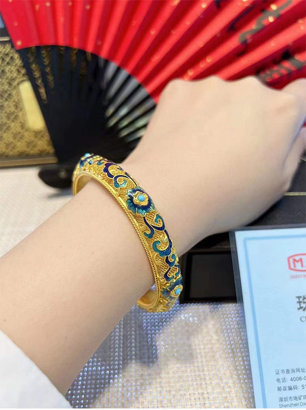 妙灵阁传承古法烧蓝黄金手镯妈妈款花朵宫廷花丝镶嵌足金镯子女999古