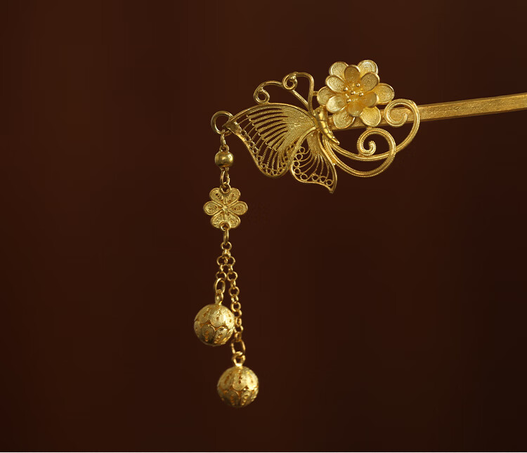 万宝资蝴蝶发钗子步摇手工花丝镶嵌发簪子中国古风汉服贵妇 银