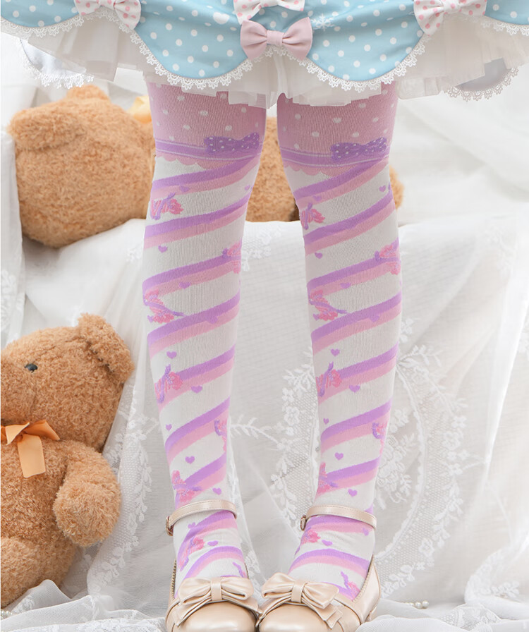 lolita袜子女秋冬过膝袜厚精梳棉洛丽塔日系袜yd 新版宽纹黄粉色 过膝