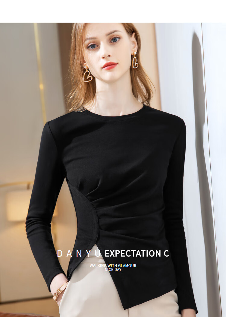 丹语白色长袖t恤女春秋季新款不规则修身打底衫褶皱下摆圆领上衣白色