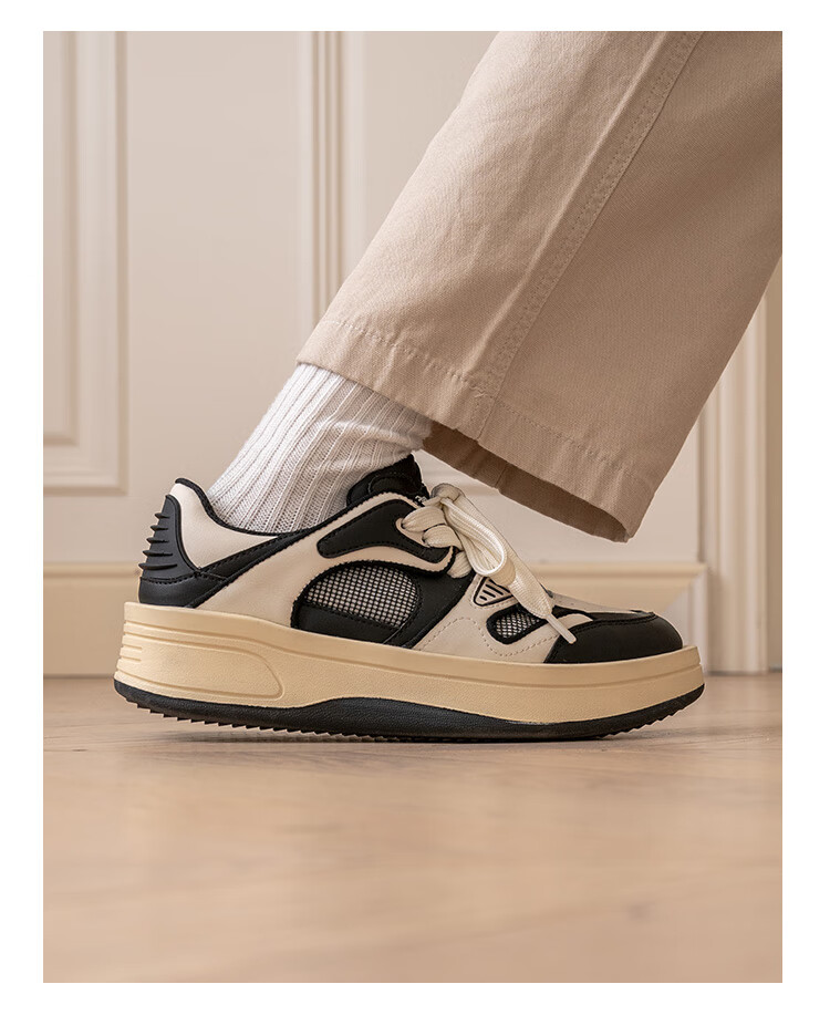 多嘴驴donkey 秋款黑白拼色鞋子男潮鞋厚底网面休闲运动板鞋男潮 黑色