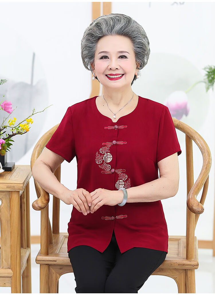 时尚奶奶装夏装短袖套装60岁70老太太纯色上衣妈妈夏季衬衫中老年女装
