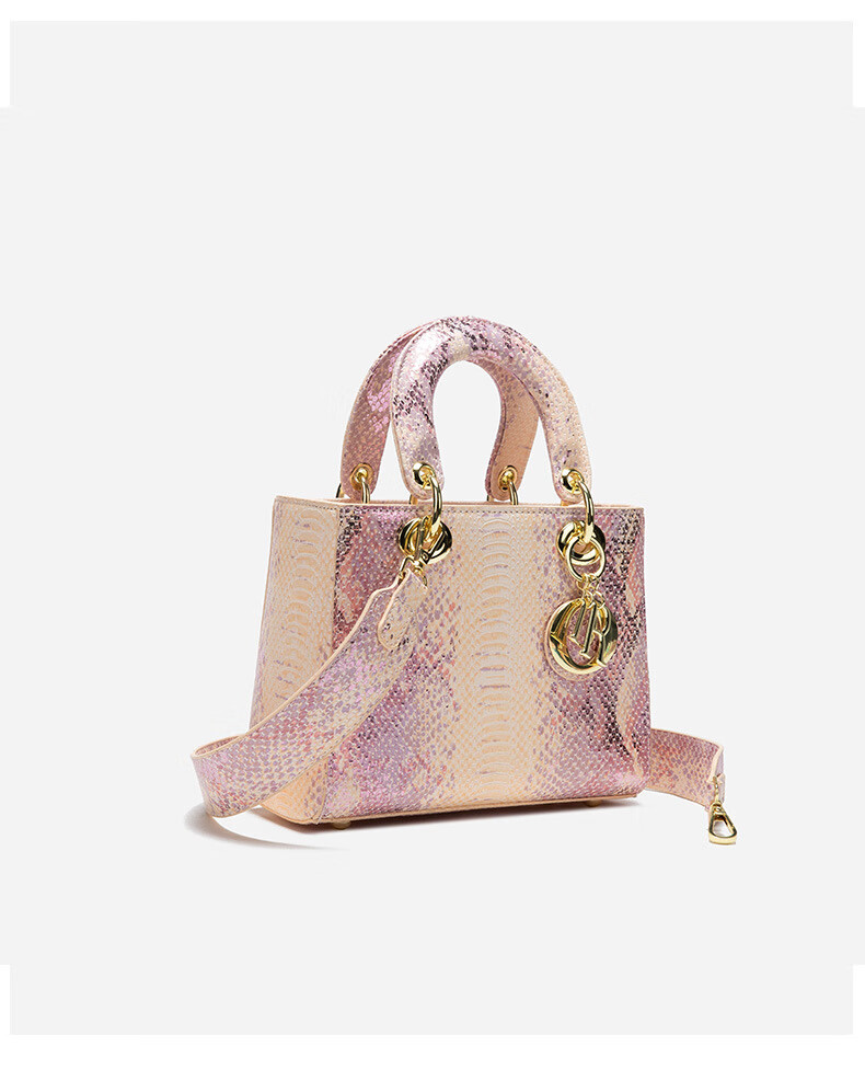 ou mei lv蛇纹2022新款戴妃包质感单肩斜挎包包时尚粉色手提女包 横款