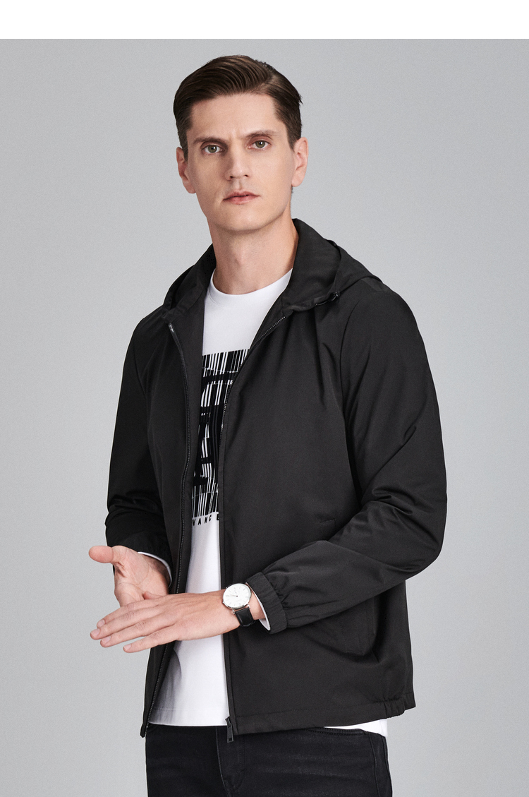 鄂尔多斯emz2021新品秋冬防泼水连帽外套男士简约版型休闲夹克黑色