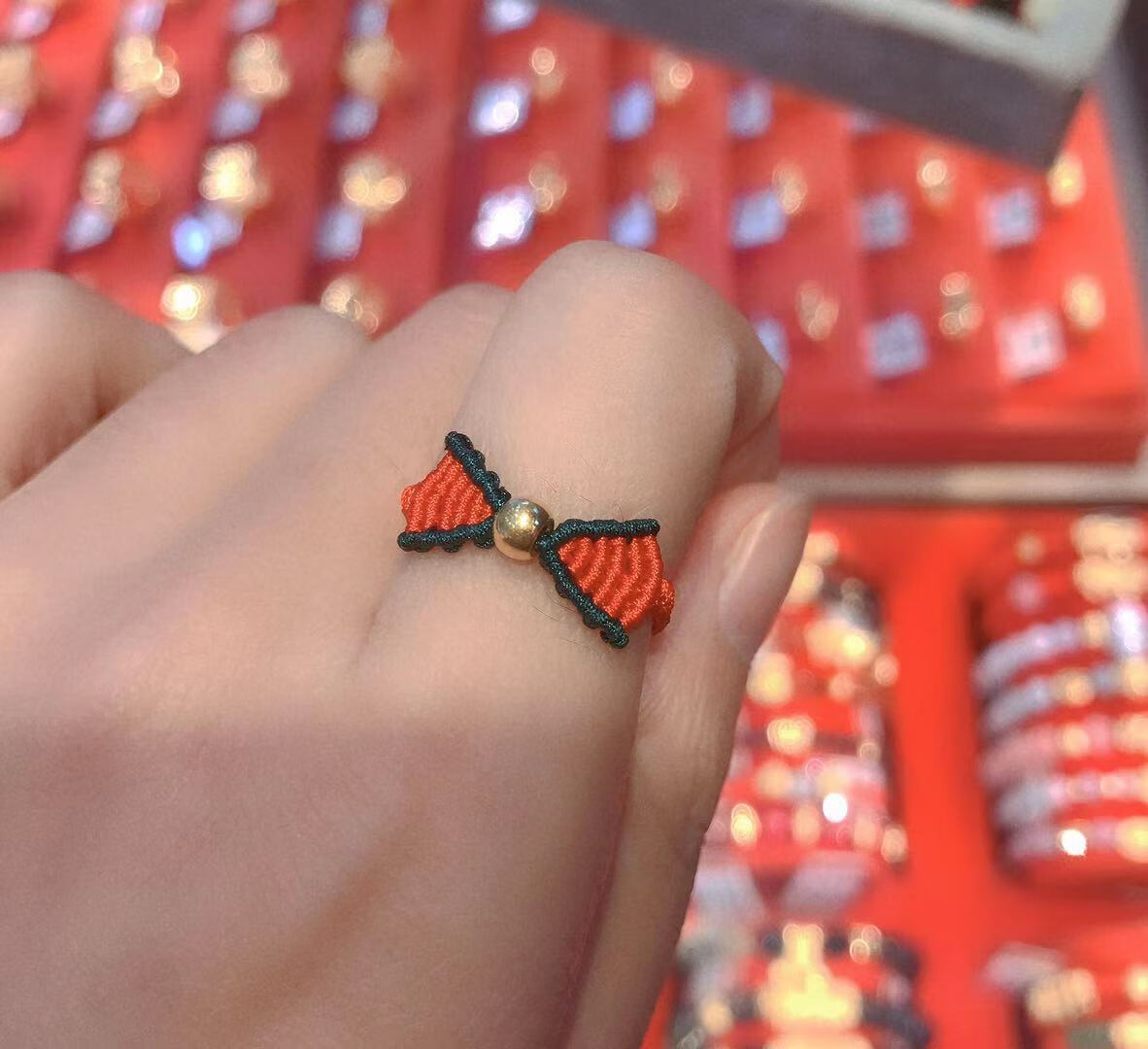 福韵礼 足金999转运珠戒指在逃公主蝴蝶结手工编绳闺蜜情侣款配送首饰