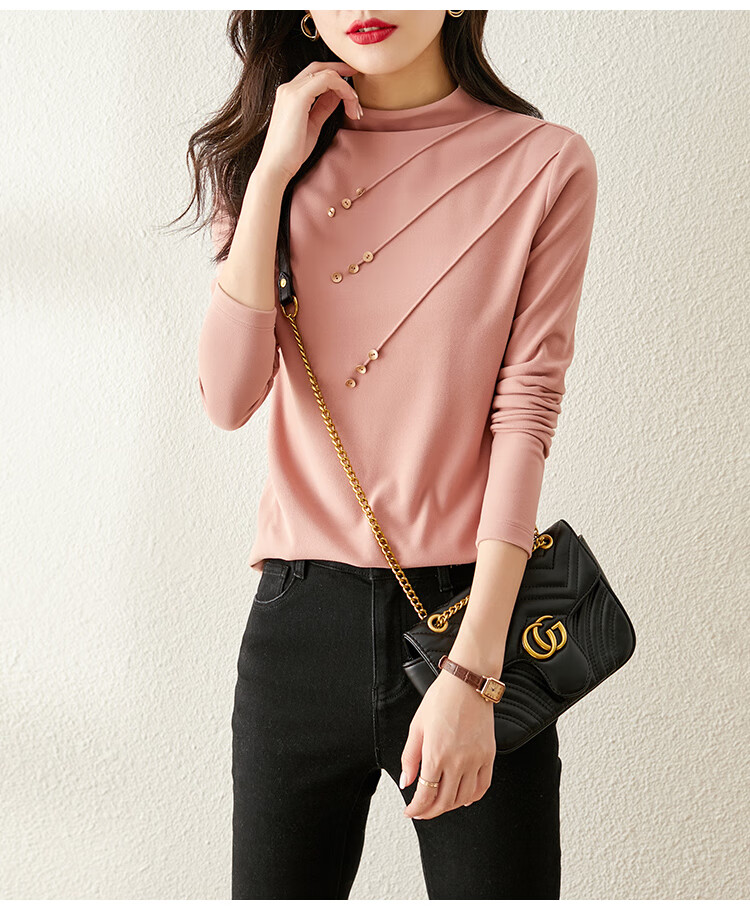 熙世界秋冬季保暖打底衫女t恤半高领上衣烟粉色xl