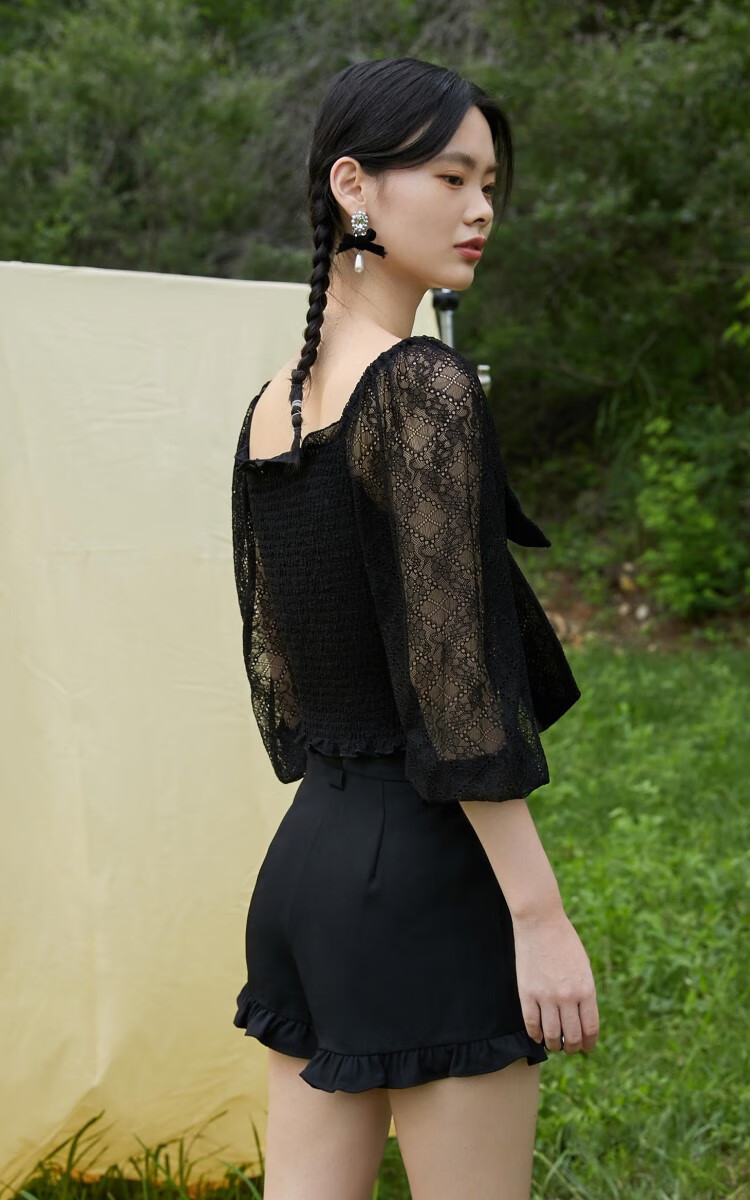 vero moda秋季新款浪漫蝴蝶结蕾丝透视短款上衣女321330006 s59黑色