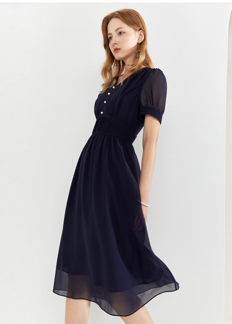 yiner音儿女装2020夏季新款时尚v领皱褶拼接短袖高腰连衣裙 蓝色 44