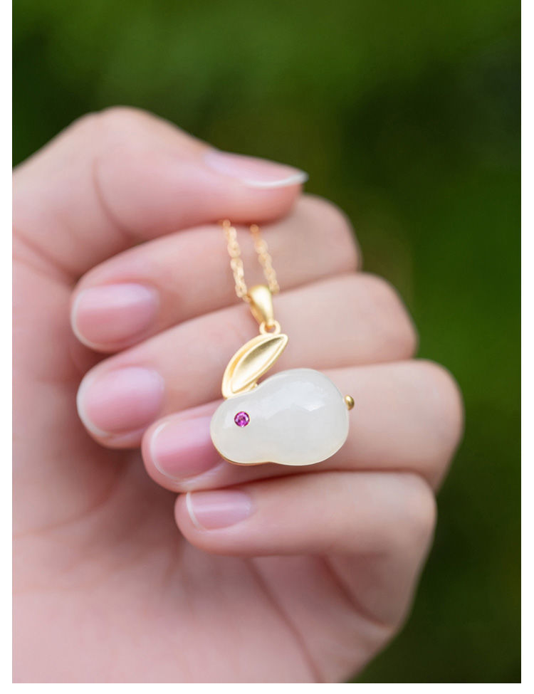 和田玉石吊坠项链古法金女复古民族风小众设计汉服925银玉兔项链一条
