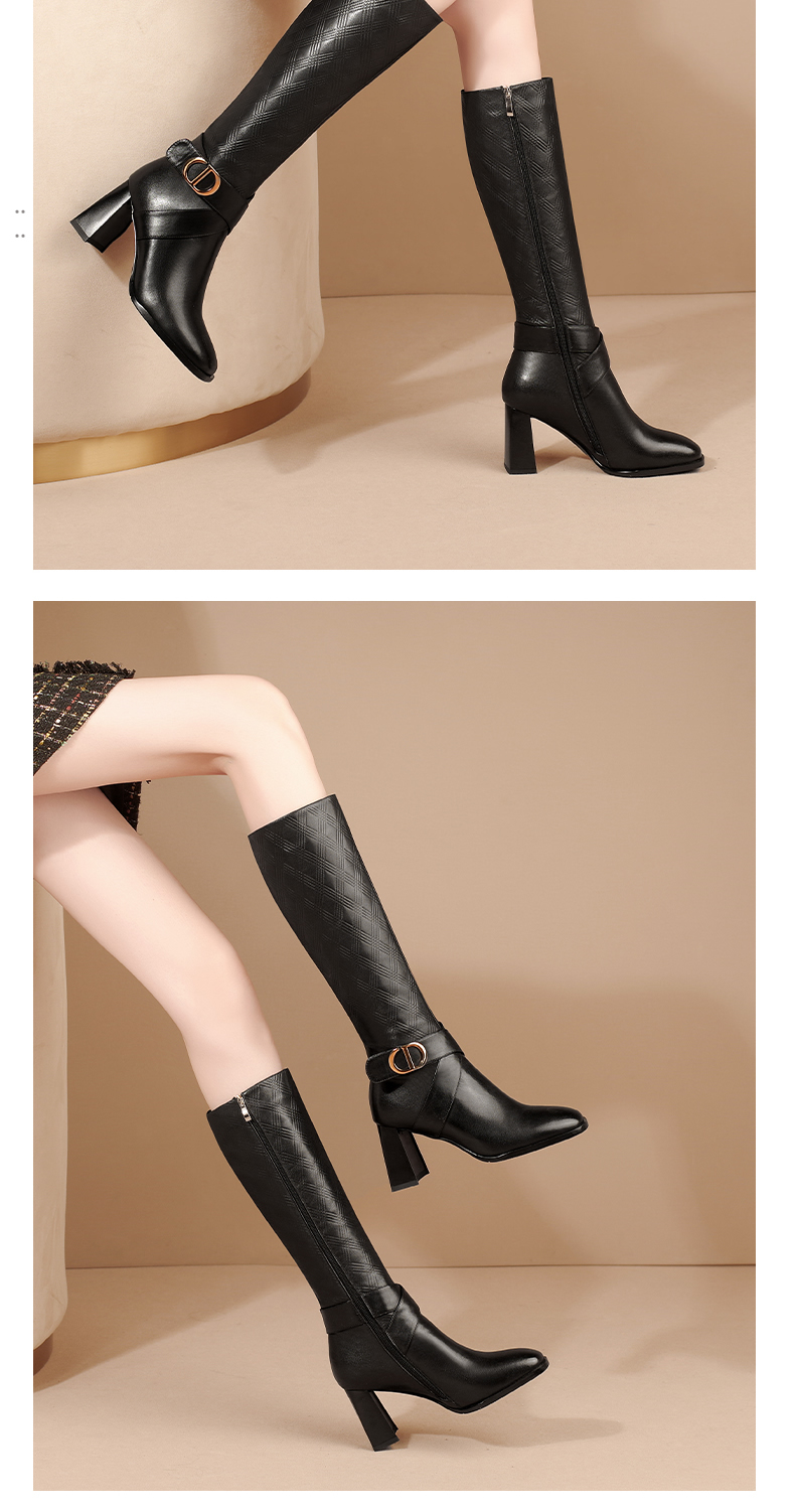 施菲雅全牛皮粗跟高筒靴女2021秋冬新款高跟长靴女欧美方头气质显瘦
