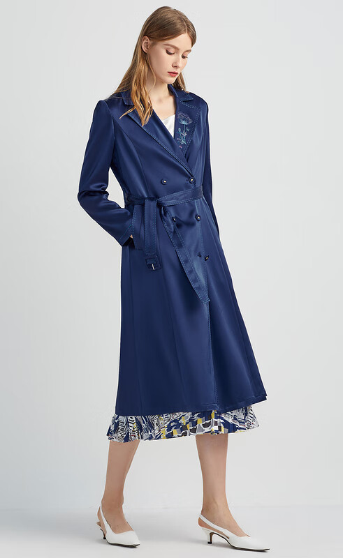 朗姿刺绣风衣商场同款2021年春夏法式中长款显瘦系带外套女暮色藏蓝色