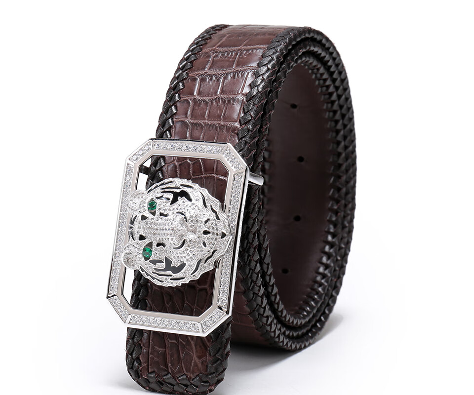 鳄鱼皮男士皮带真皮正品编织腰带平滑扣动物头银扣商务休闲中青年裤带