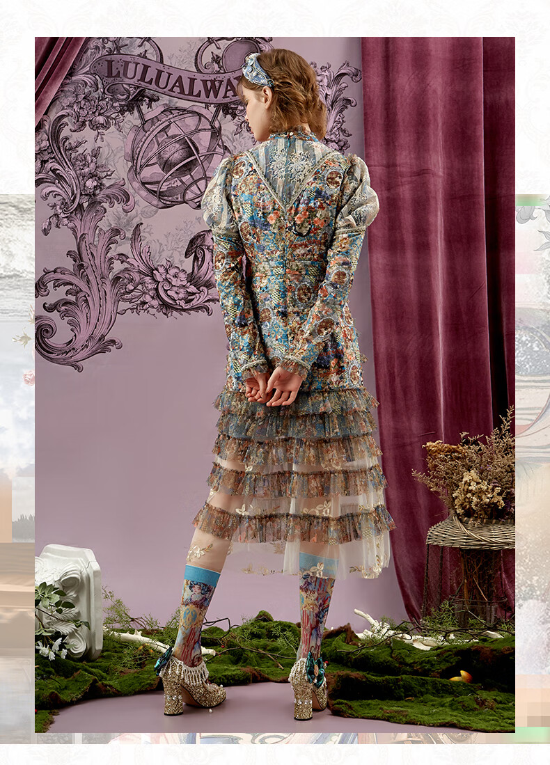 lulualways/我爱露露提花网纱透视泡泡袖连衣裙llc5158 橘色 s